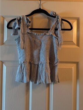 Smocked Light Blue Tie-Shoulder Tank Top